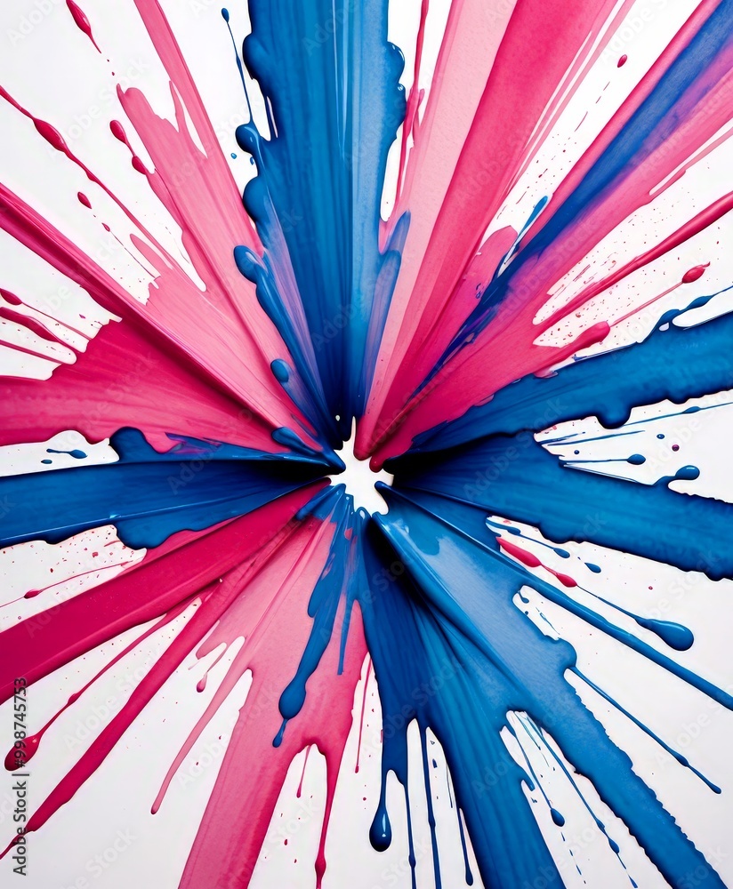 Poster a vibrant abstract composition of splashes of pink and blue paint, creating a dynamic and energetic visual effect