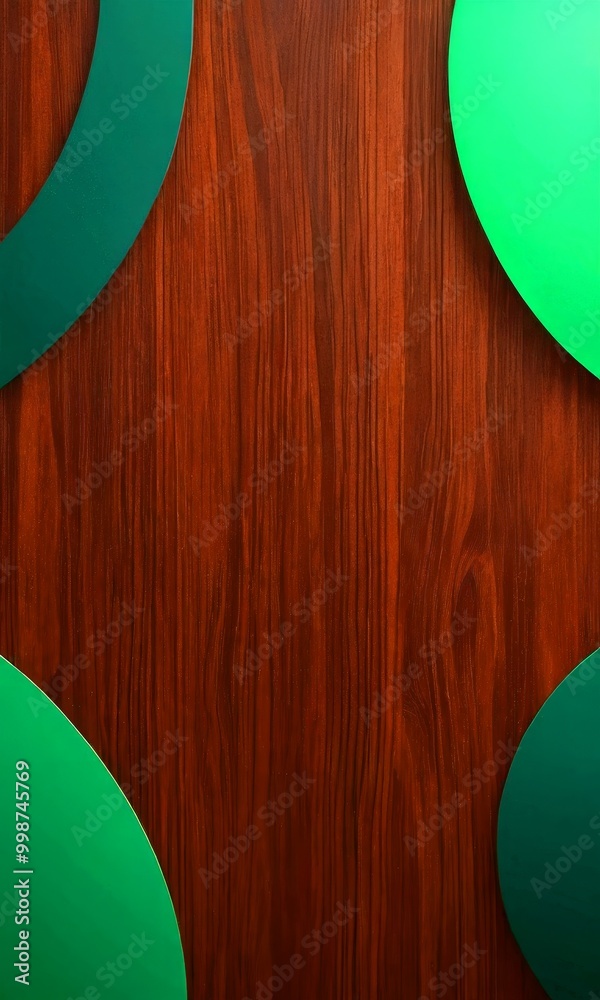 Poster a dark brown wooden surface with two green circles on either side, creating a balanced and symmetrical composition