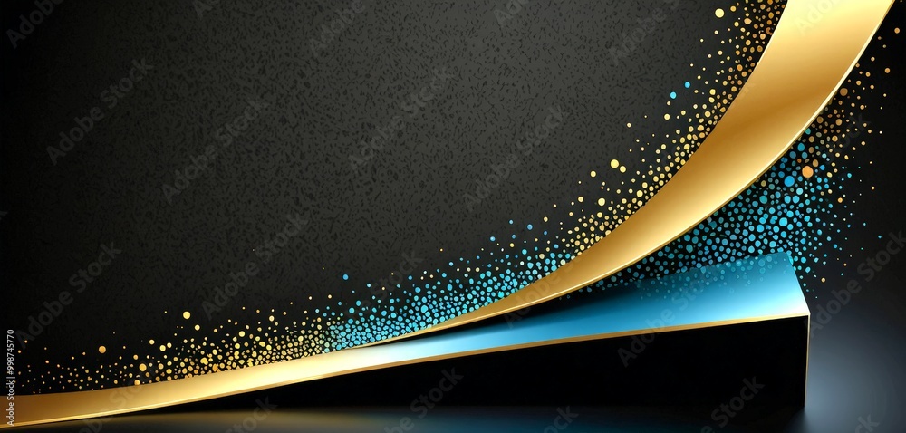 Leinwandbilder a dark background with a curved gold line and scattered blue dots, creating a dynamic and abstract composition