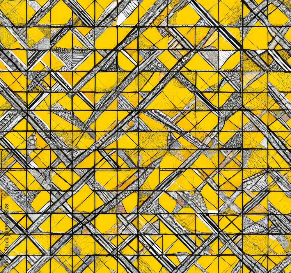 Leinwandbilder a repeating pattern of intersecting diagonal lines and squares in a vibrant yellow and black color scheme, creating a visually striking and abstract design