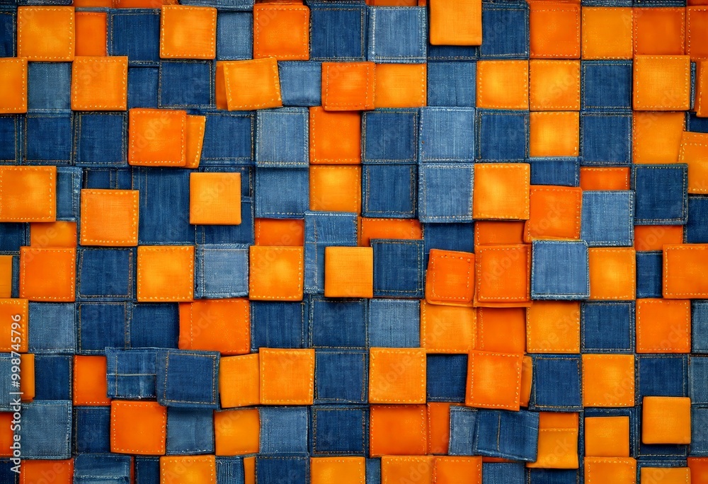 Poster a collage of square tiles in shades of orange and blue, arranged in a grid-like pattern