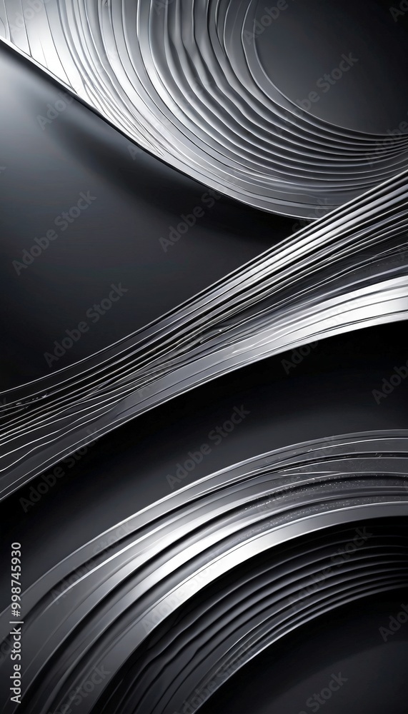 Poster a striking abstract composition of curved lines and metallic surfaces, creating a sense of movement and dynamism. The black and white color scheme adds to the overall