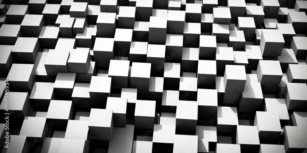 Poster A black and white complex pattern composed of numerous small cubes, creating a visually striking and abstract design