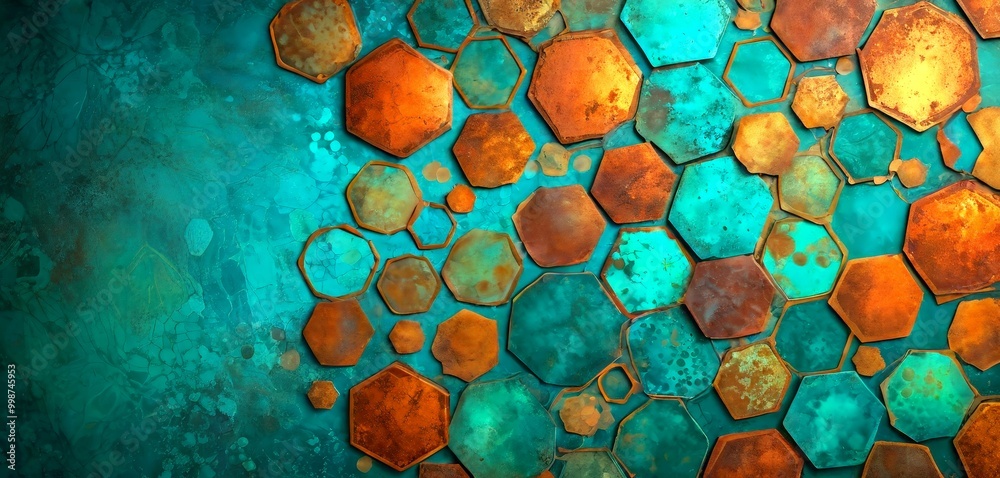 Poster a vibrant abstract pattern composed of various shades of orange, green, and brown hexagonal tiles ar