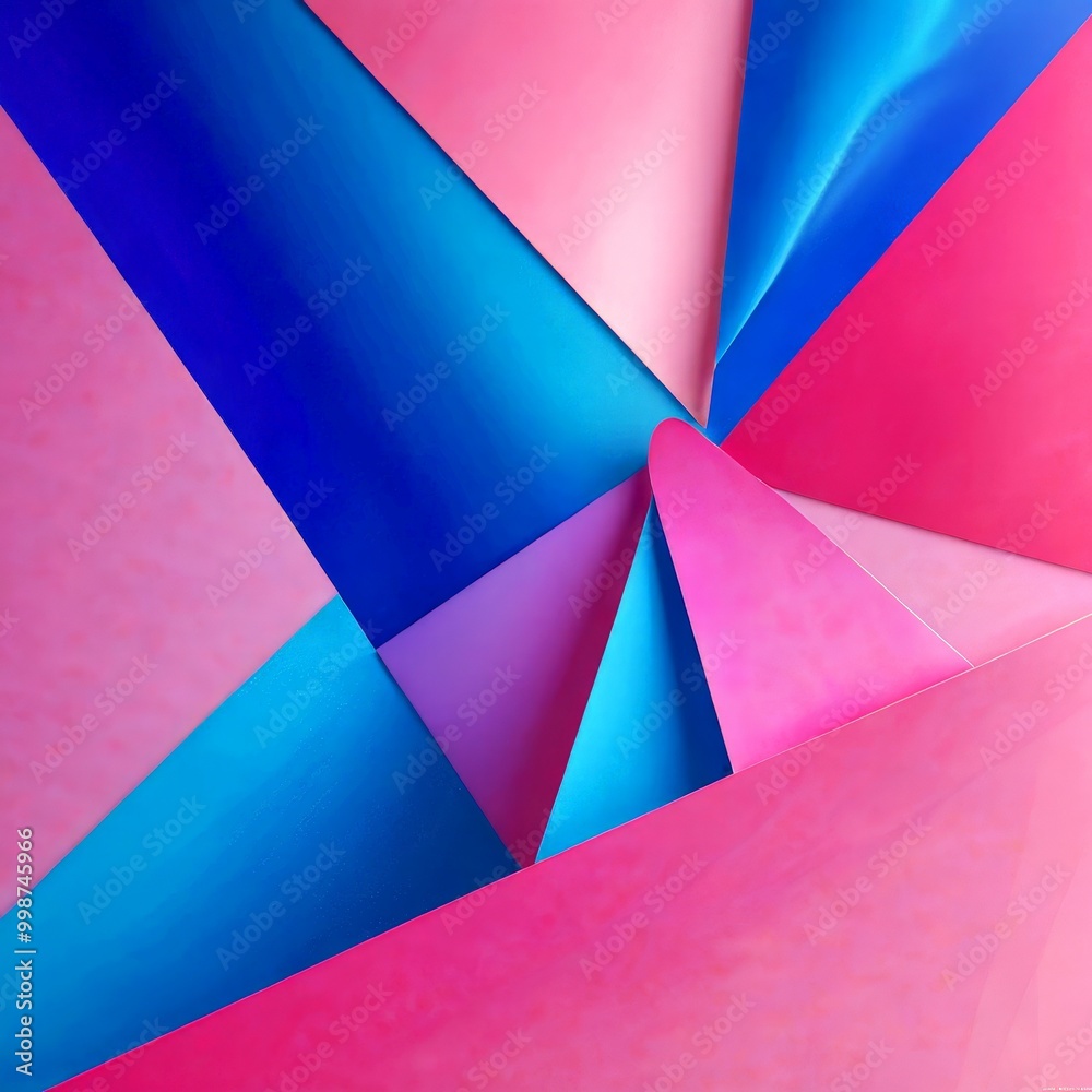 Poster a vibrant abstract composition of overlapping geometric shapes in various shades of pink, blue, and purple, creating a dynamic and visually striking pattern