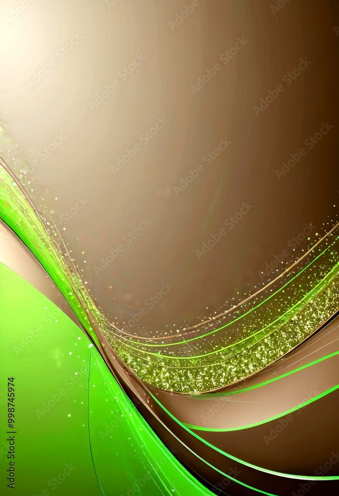 Poster a vibrant abstract design with a gradient of brown and green colors. The central focus is a wave-like pattern composed of curved lines and lines of glittering gold, creating