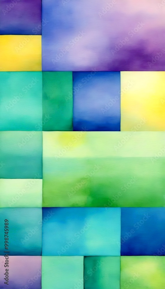 Poster a vibrant abstract composition featuring a grid of square tiles in various shades of blue, green, and yellow, creating a visually striking and harmonious pattern