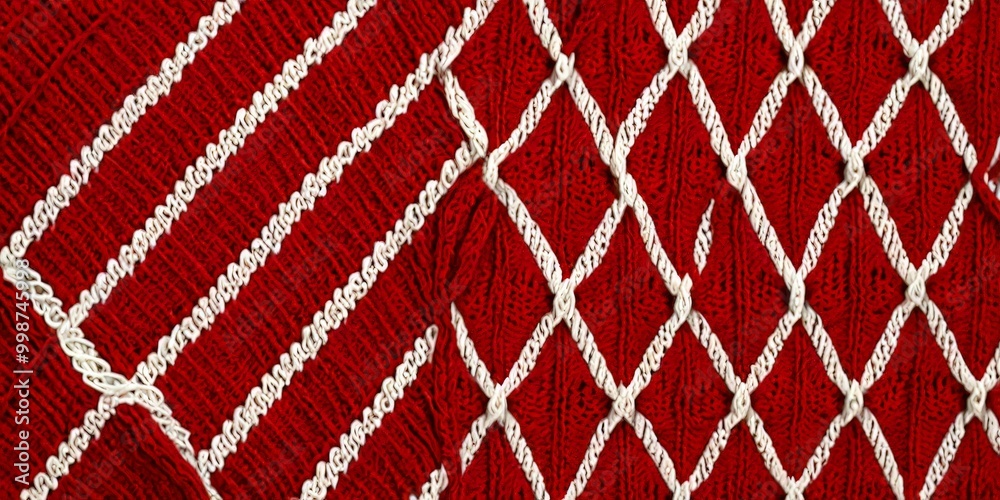 Poster A close-up view knitted fabric with a diamond pattern, featuring alternating red and white stripes