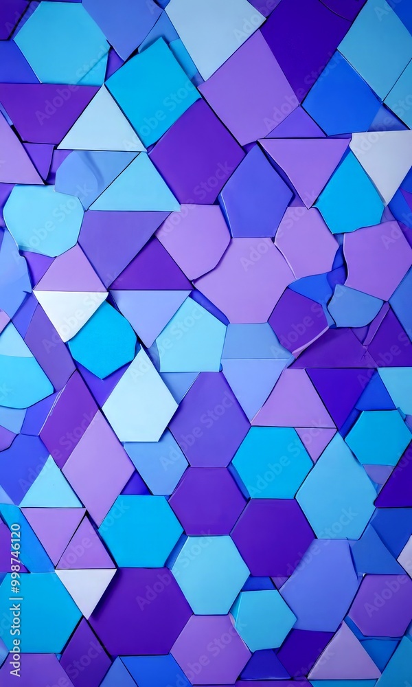 Poster a vibrant geometric pattern composed of various shades of blue and purple hexagonal shapes, creating a visually striking and abstract design