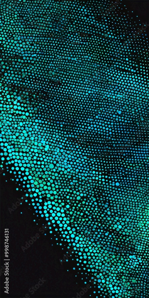 Poster a dark background with a pattern of small, evenly spaced dots in various shades of green, creating a sense of depth and movement