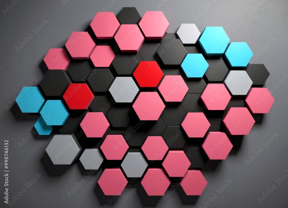 Poster A geometric pattern composed of various colored hexagons arranged in a visually striking manner against a dark background