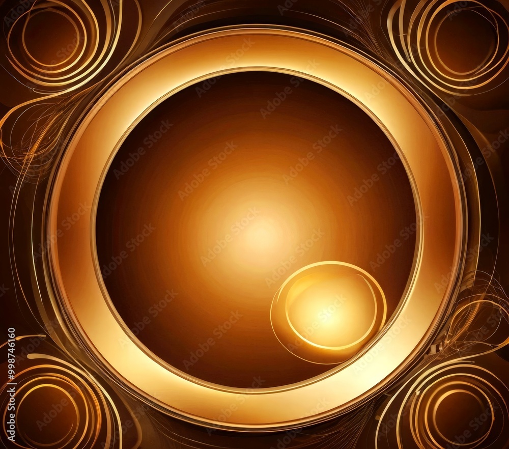 Poster a circular design with a golden ring at its center, surrounded by concentric circles of varying sizes and colors, creating a visually striking and abstract composition