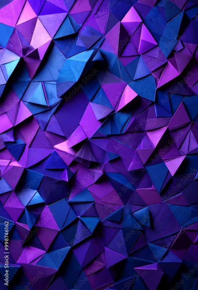Poster a geometric pattern composed of numerous overlapping triangular shapes in various shades of purple and blue, creating a visually striking and