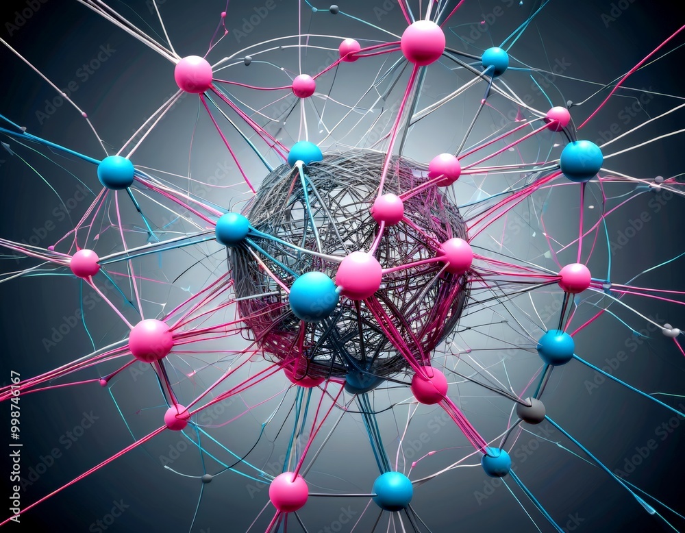 Aufkleber a complex network of interconnected spheres, each connected by a network of lines, creating a visually striking and abstract representation molecular structure