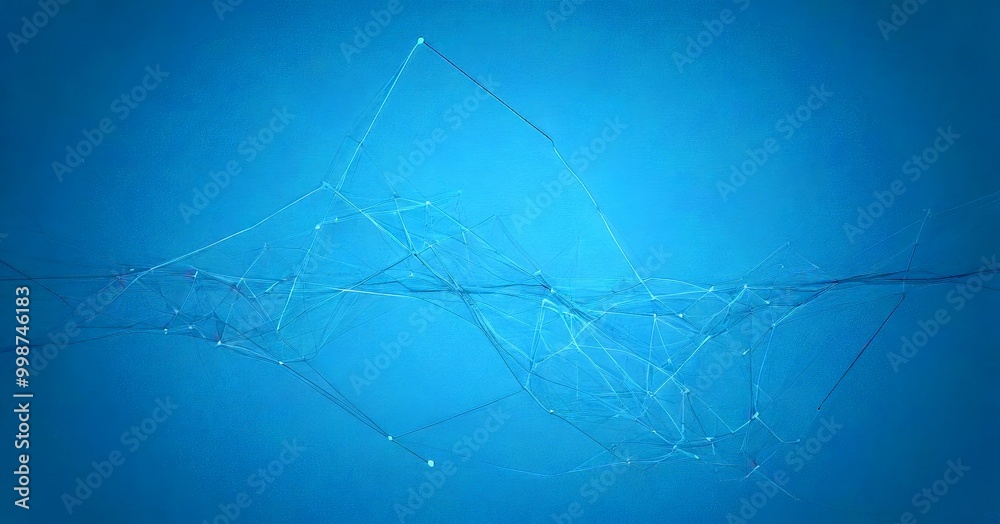 Poster a complex network of interconnected lines and points, resembling a web or a network of interconnected nodes, set against a gradient blue background