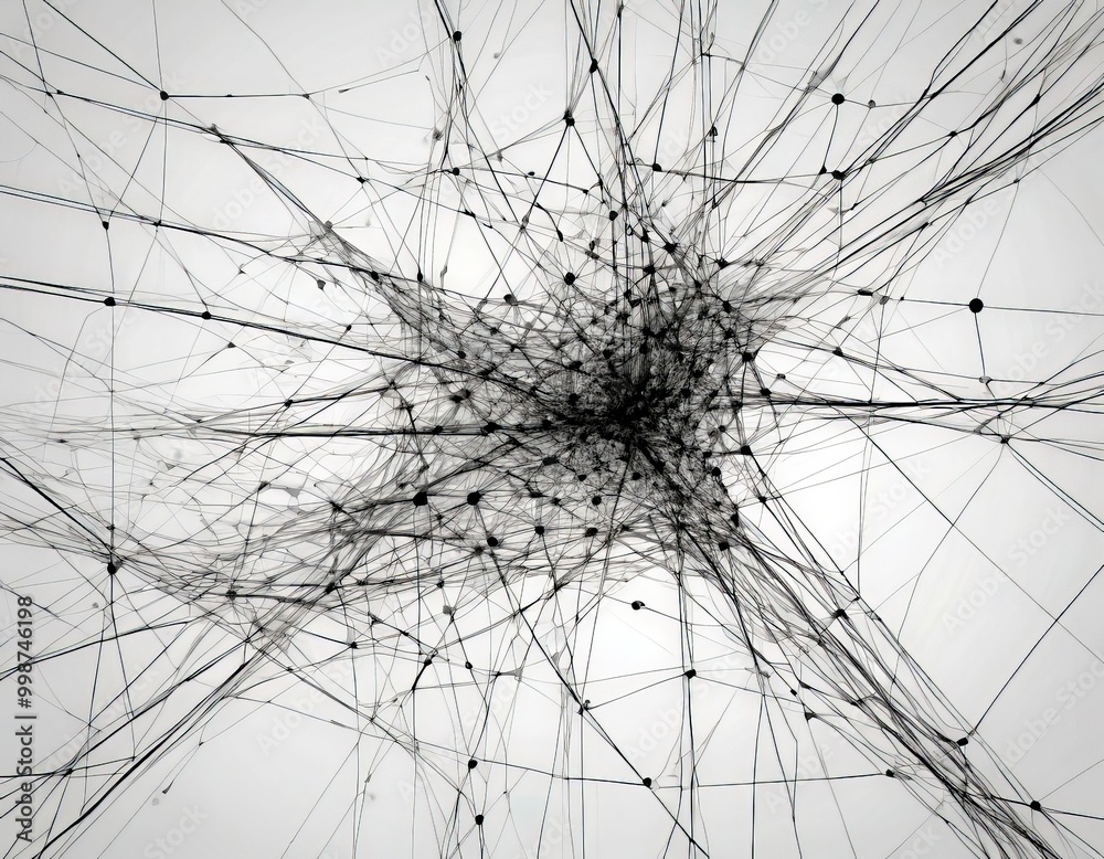 Poster a complex network of interconnected lines and dots, resembling a dense web or a tangled web of strings, against a gray background