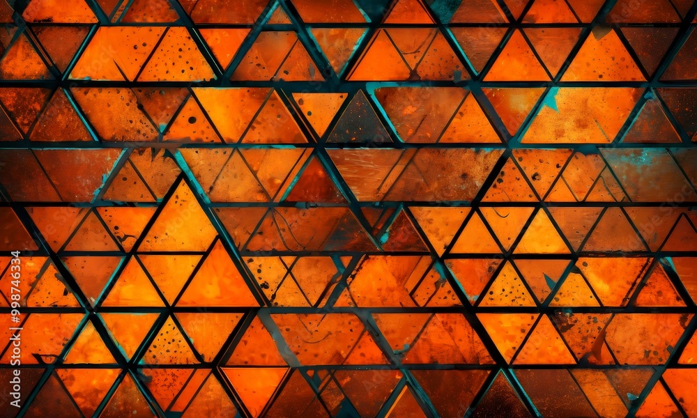 Poster a repeating pattern of triangles in shades of orange and black, creating a visually striking and geometric design.