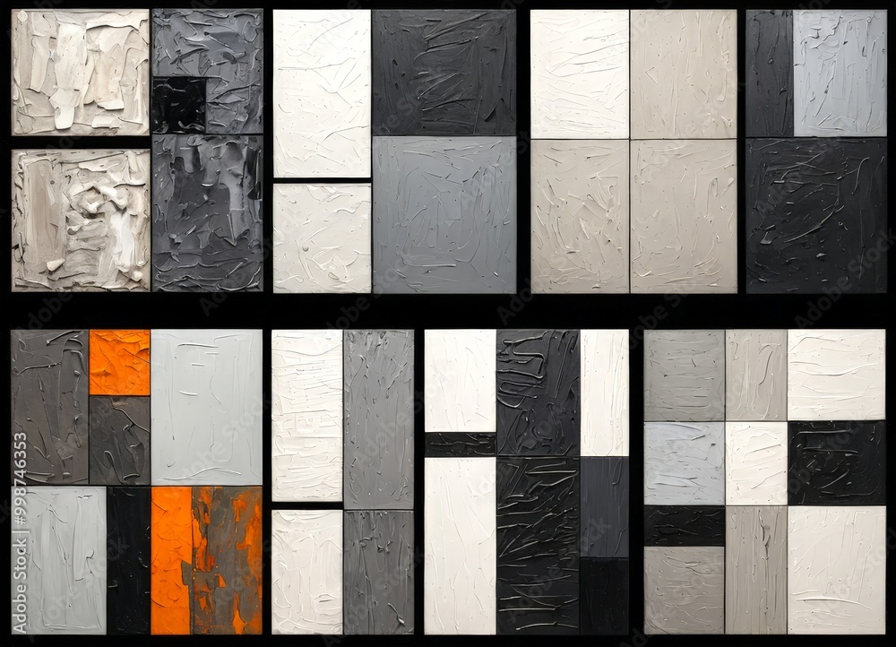 Poster The displays a grid of abstract paintings, each featuring a unique color palette and texture The paintings are arranged in two rows, with the top row containing