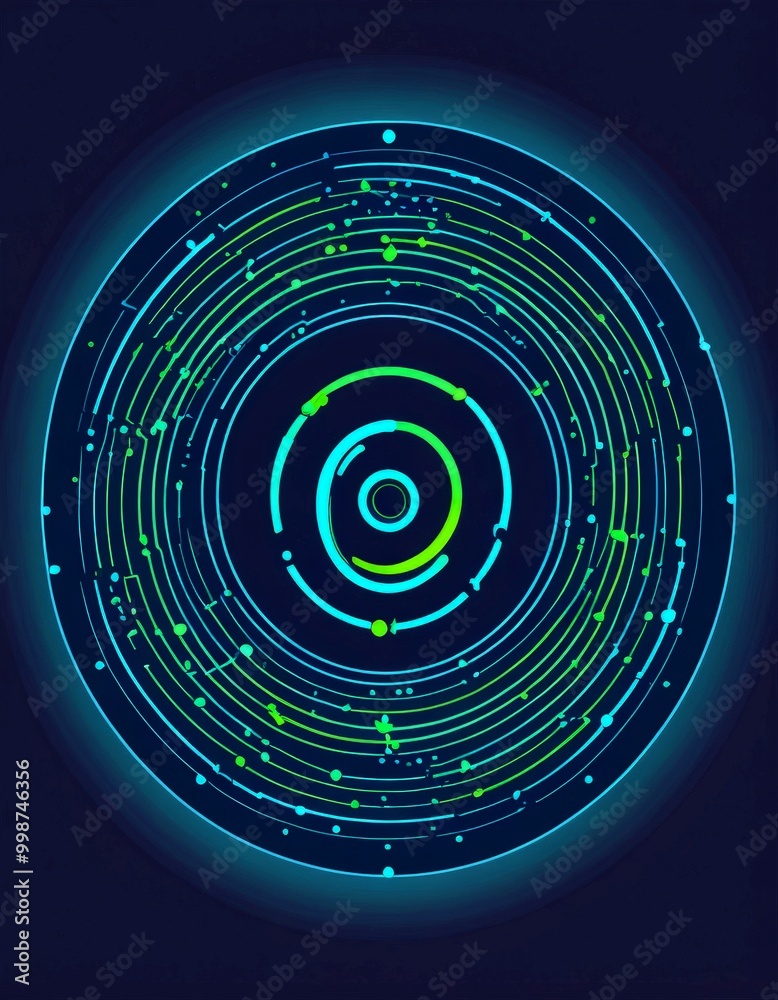 Poster a circular pattern with concentric circles and lines, creating a visually striking and abstract design