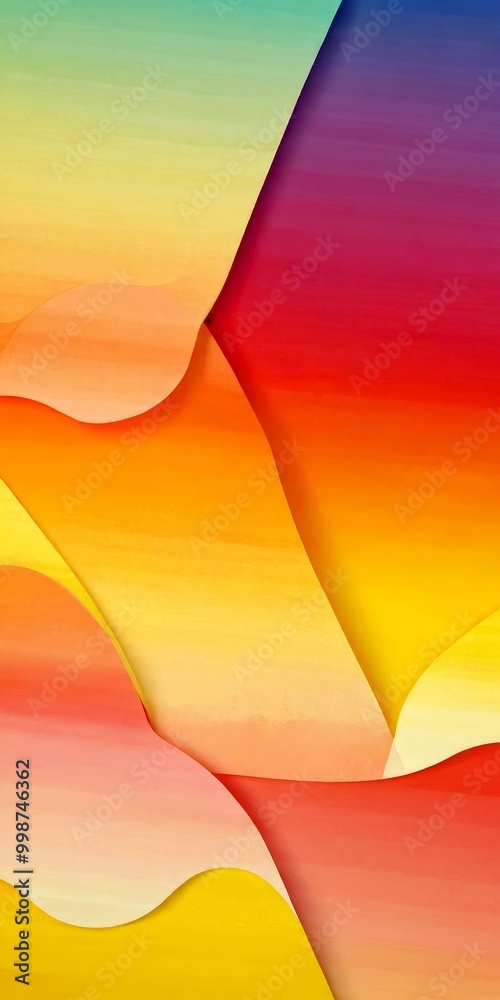 Aufkleber a vibrant abstract composition of overlapping curved shapes in a gradient of warm colors, transitioning from yellow to orange, pink, and purple