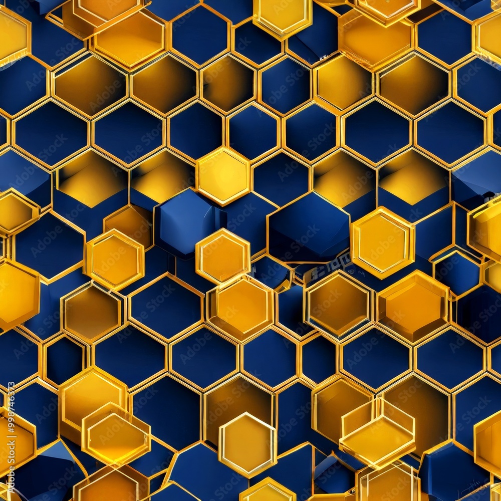 Poster a repeating pattern of hexagonal shapes in shades of blue and gold, creating a visually striking and geometric design