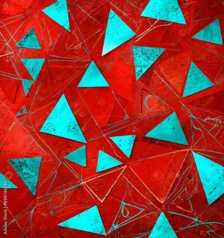Poster a vibrant abstract composition of overlapping triangular shapes in various shades of red and turquoise, creating a dynamic and visually striking pattern