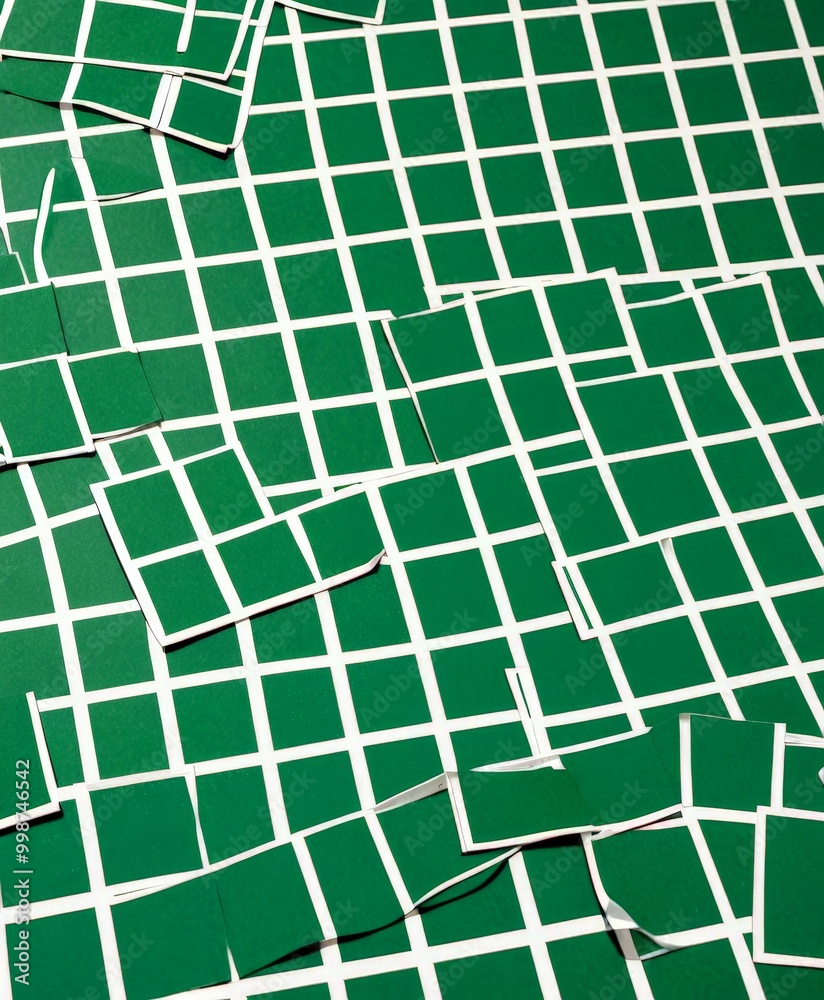 Poster a close-up view grid of green squares with white outlines, creating a visually striking pattern