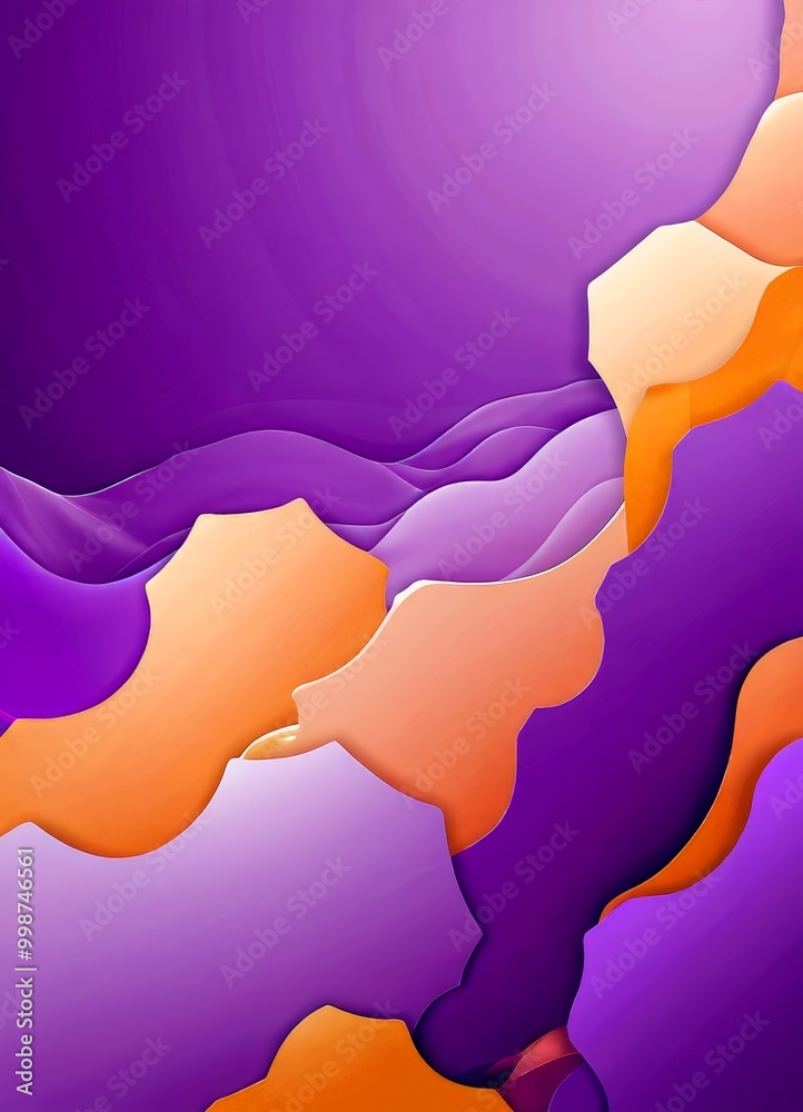 Poster a vibrant abstract composition of overlapping and intersecting shapes in shades of purple, orange, and yellow, creating a dynamic and visually striking scene