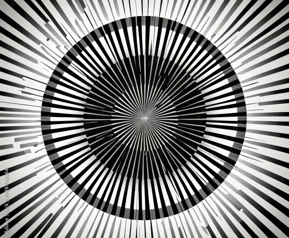 Poster a striking black and white abstract composition featuring a central circular design with radiating lines and a central point, creating a sense of depth and movement