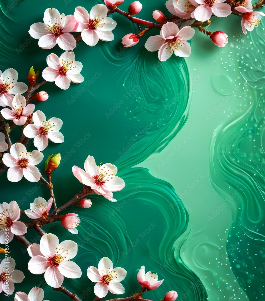 Poster a close-up view of delicate pink cherry blossoms with white centers, arranged in a symmetrical patte