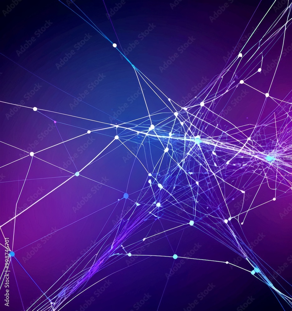 Poster a complex network of interconnected lines and dots, creating a visually striking abstract pattern against a gradient background transitioning from purple