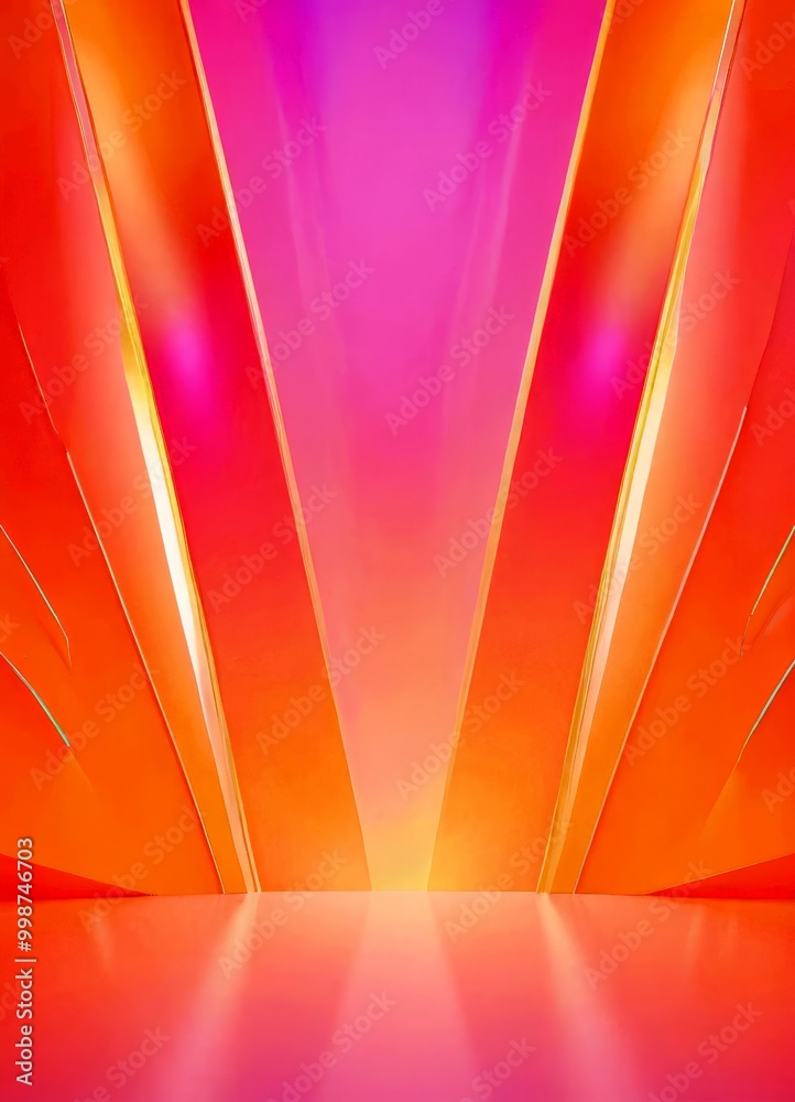 Poster a vibrant, abstract scene with a gradient of pink and orange hues The background is composed of vertical lines, creating a sense of depth and dimension