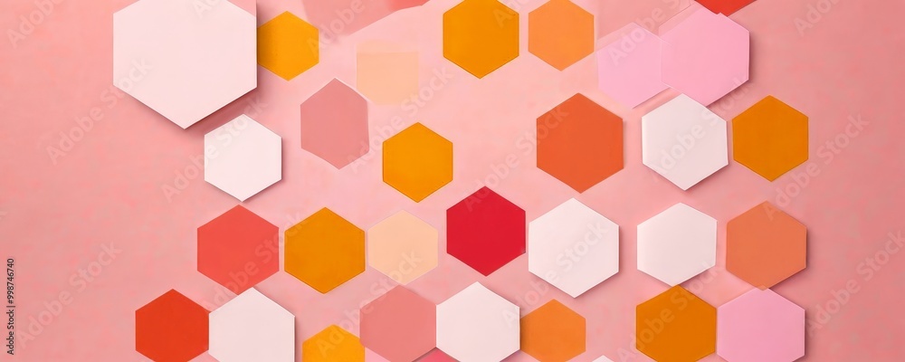 Aufkleber a grid of overlapping hexagonal shapes in various shades of pink, orange, and white against a pink b