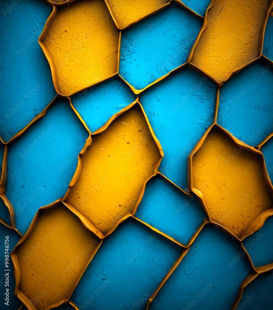 Poster a close-up view textured surface composed of overlapping yellow and blue tiles arranged in a grid-like pattern