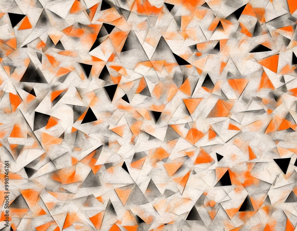 Poster an abstract composition featuring a multitude of overlapping triangles in various shades of orange, black, and gray, creating a visually striking and dynamic pattern