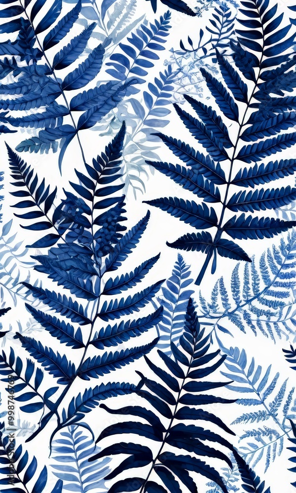 Aufkleber a repeating pattern of fern leaves in shades of blue and white, creating a visually striking and harmonious design