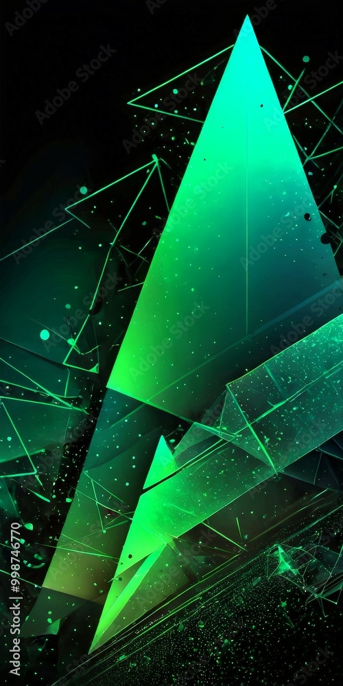 Fototapete a digital art piece with a triangular structure composed of green and black lines and dots, creating a sense of depth and dimensionality