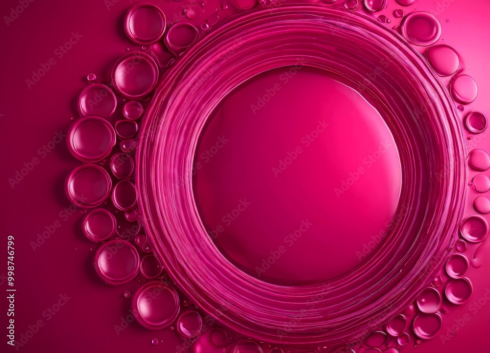 Poster a circular arrangement of pink and purple spheres, with the largest sphere centrally positioned and 