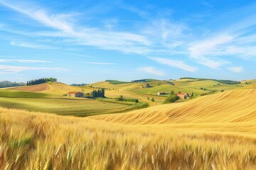 Obraz premium Rolling hills covered in golden wheat fields under a bright blue sky, rustic farmhouses scattered, watercolor style, soft sunlight, countryside abundance