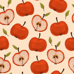 Hand drawn cute cozy pattern with apples and leaves. Seamless autumn texture design background.