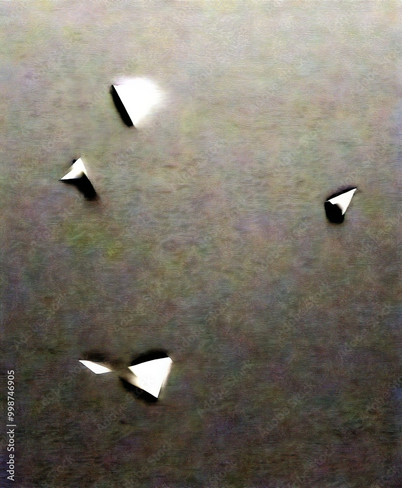 Poster an abstract representation of four white triangles floating in a dark, textured background.