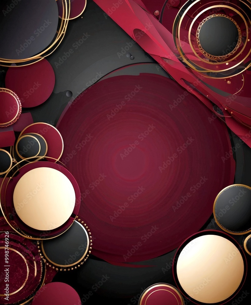 Poster a dark red background with a large central circle, surrounded by smaller circles in various shades o
