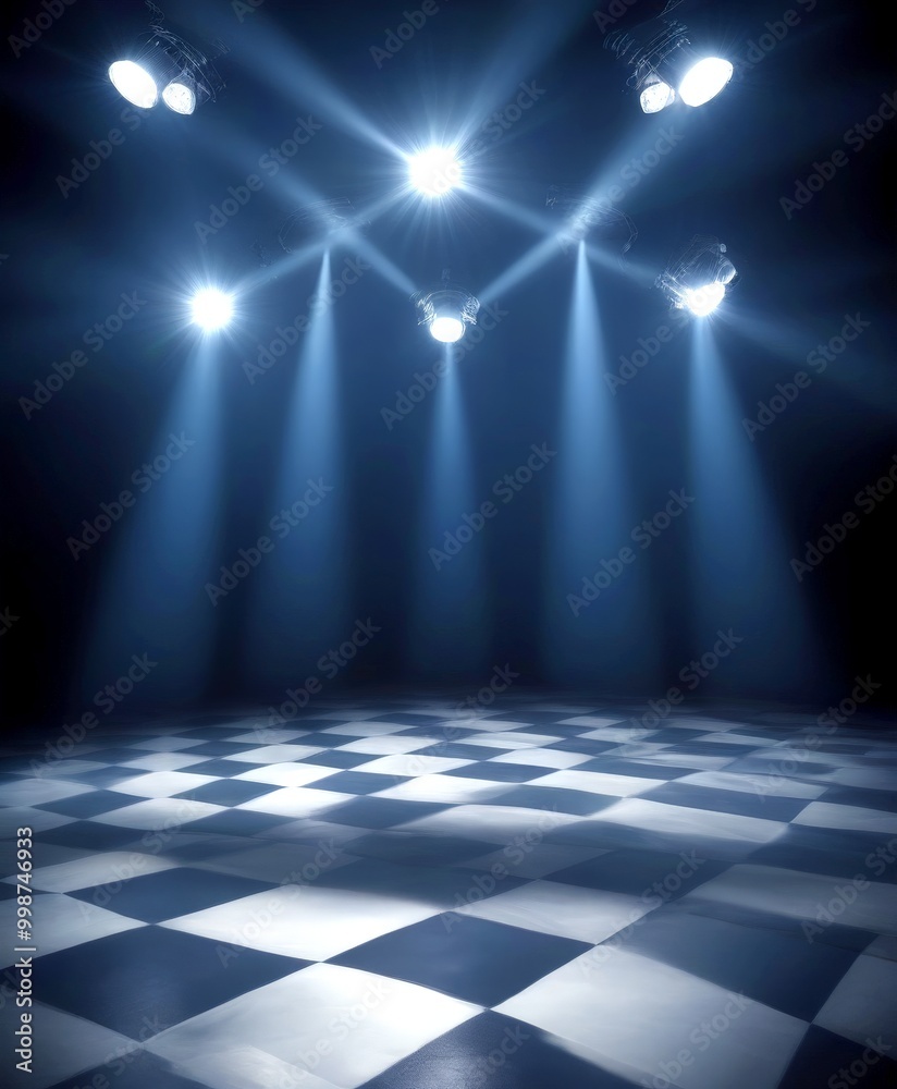 Poster A dimly lit stage with a checkered floor and spotlights shining down on it, creating a dramatic and theatrical atmosphere