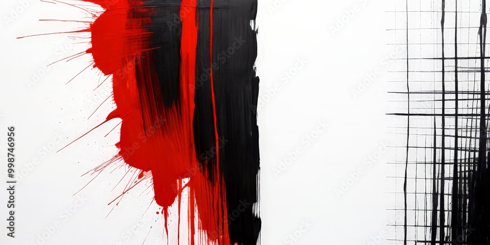 Poster Abstract painting with bold red and black strokes, creating a dynamic and expressive composition