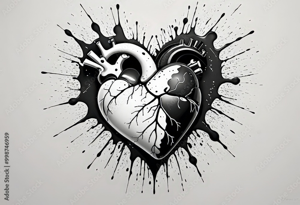 Aufkleber a black and white heart with a black outline and a white outline, surrounded by splattered ink and a