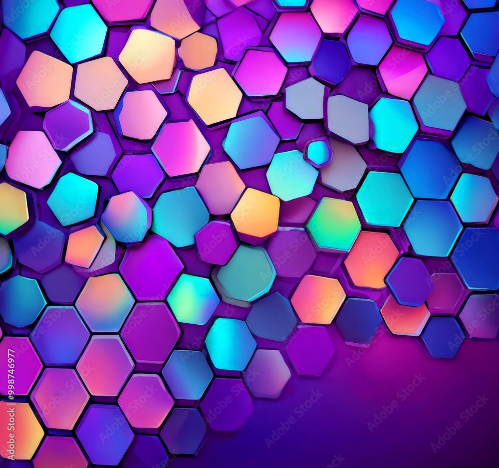 Poster a vibrant array of hexagonal shapes in various shades of purple, blue, and orange, arranged in a vis