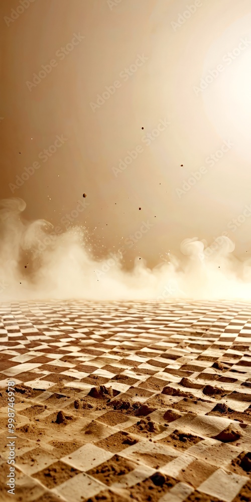 Aufkleber a desert landscape with a checkered pattern of sand, where a small cloud of dust is blowing across t