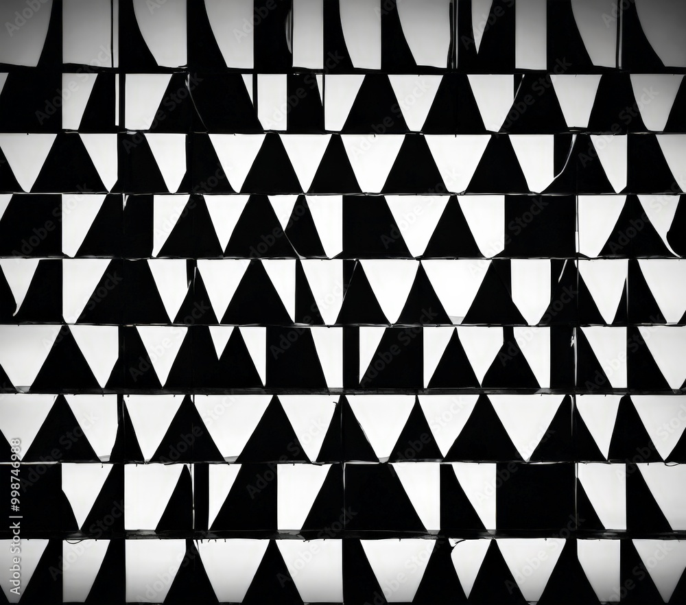 Poster A monochromatic pattern of white and black triangles, arranged in a grid-like fashion, creating a visually striking and geometric composition