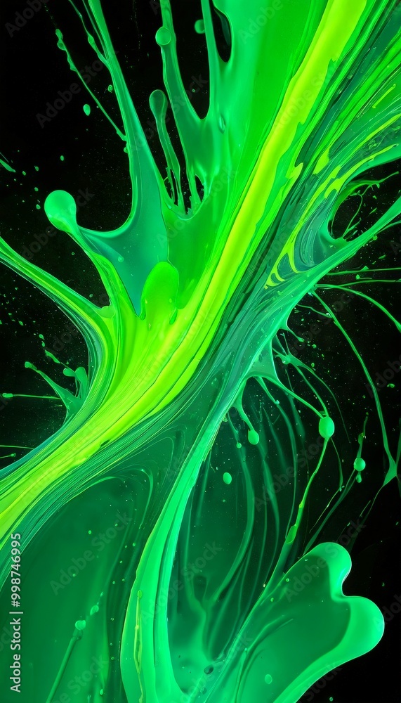 Poster a vibrant abstract composition of green and black paint splatters and drips, creating a dynamic and visually striking effect