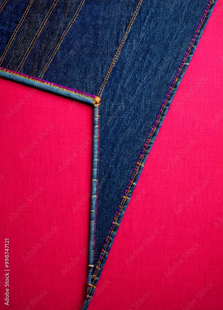 Poster a close-up view of a pair of jeans with a vibrant red background. the jeans have a blue denim upper 